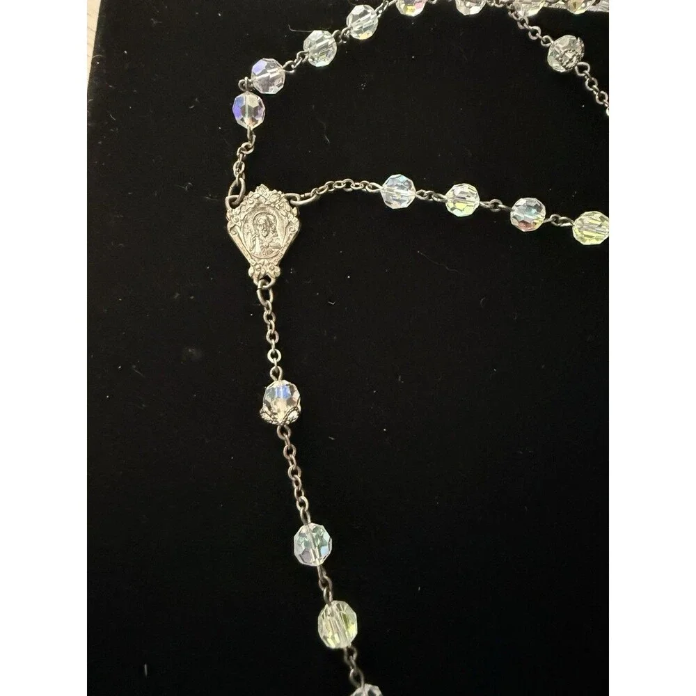 Vintage Sterling Silver AB Crystal Catholic Rosary Italy Crucifix Marian Medal